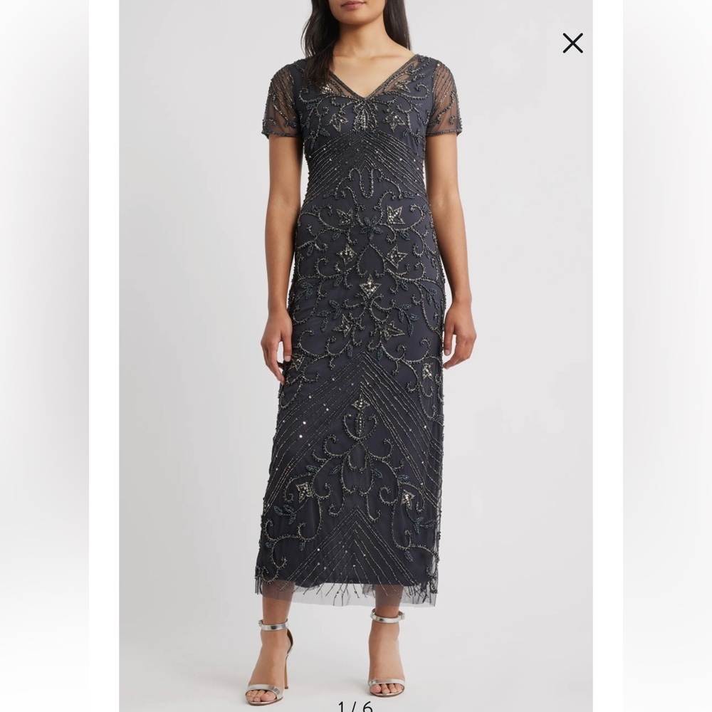 Pisarro Nights Beaded Mesh Column Gown in Griffin